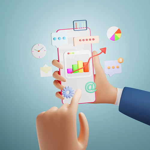 Cartoon hand using smartphone with business markeing app icon. 3d rendering