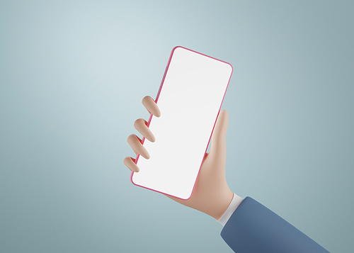 Cartoon hand holding smartphone isolated on light blue background. 3d rendering