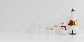 Christmas showcase decorate with, snowman, christmas tree and gift. Concept of Christmas and New year product display platform. 3d rendering.