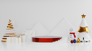 Christmas showcase decorate with stage, snowman, christmas tree and gift. Concept of Christmas and New year product display platform. 3d rendering.