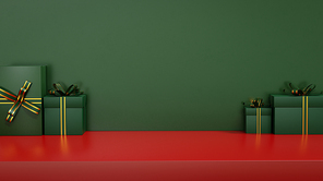 Panorama pile of christmas presents on green and red background. 3D rendering