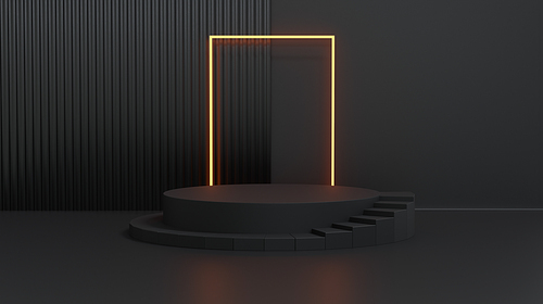 Stage with stair and square tube fluorescent light . Concept of product display platform. 3d rendering.