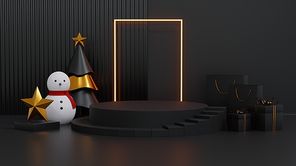Christmas showcase decorate with stage, snowman, christmas tree and gift box. Concept of Christmas and New year product display platform. 3d rendering.
