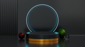 Round stage with circle tube fluorescent light and ball shaped decor. Concept of product display platform. 3d rendering.