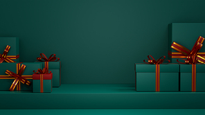Panorama pile of christmas presents on green background. 3D rendering