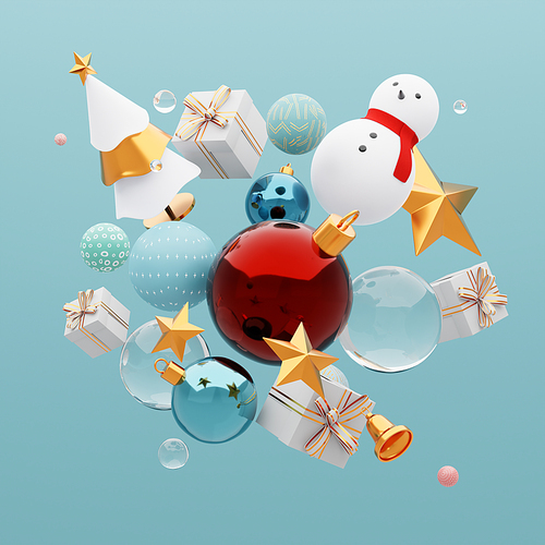 Christmas background design festive elements such as christmas tree, gift box, balls, stars and bells. Concept for christmas poster, greeting cards, headers and website.3d rendering