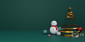 Horizontal format  christmas background with snowman, christmas tree and decoration balls. Concept of Christmas and New year website banner, copy space. 3d rendering.