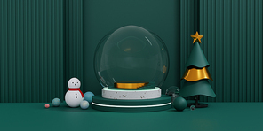 Christmas showcase decorate with glass ball stage, snowman, christmas tree decoration balls. Concept of Christmas and New year product display platform. 3d rendering.