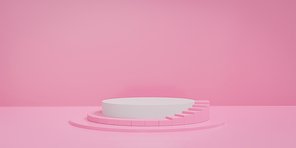 Pink pastel round stage or podium with stair. Concept of product display platform. 3d rendering.
