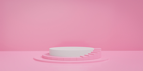 Pink pastel round stage or podium with stair. Concept of product display platform. 3d rendering.