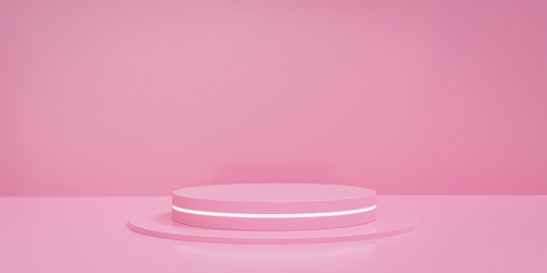 Pink pastel round stage or podium with fluorescent light. Concept of product display platform. 3d rendering.
