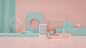 Pastel blue and pink geometry shape object decor for product display platform. 3d rendering.