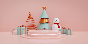 Christmas showcase decorate with podium and fluorescent light, christmas tree and gift box. Concept of Christmas and New year product display platform. 3d rendering.