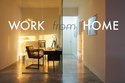 Soho office interior with sunset golden hour lighting and shadow , cozy and peaceful atmosphere,work from home concept