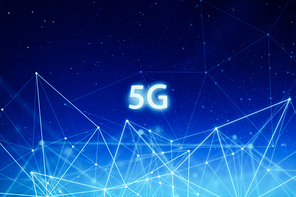5G network wireless systems and internet of things with abstract connected dots wireless communication network on space background .