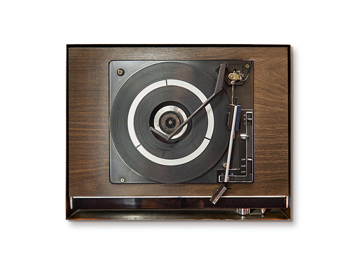 Old vintage retro wooden vinyl record player isolated on white , oldy music entertainment , top view .