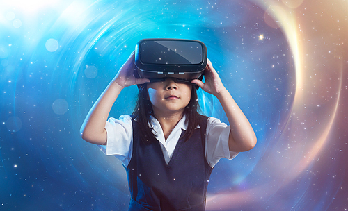 Little asian cute girl wearing virtual reality goggles with amazing cosmic futuristic space virtual imaging background .