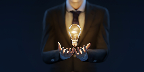 Business man hold the glowing light bulb. Innovation, Creative, inspiration and brainstorming solution concept. 3d rendering