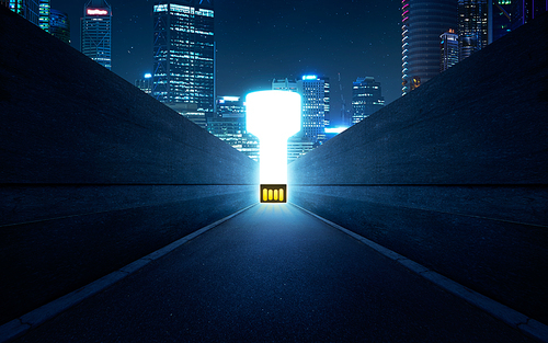 Abstract digital USB key on alley with city background , night scene.