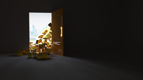 A bunch of question marks fell in from the exit door from outside .3D rendering .