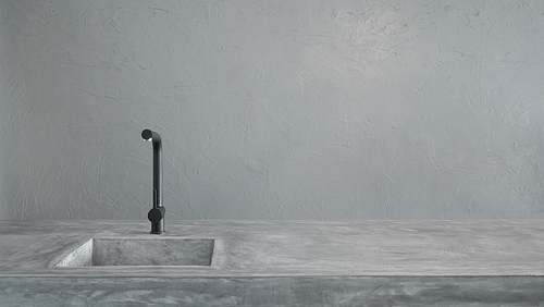 Modern black faucet and kitchen room sink with cement countertops .