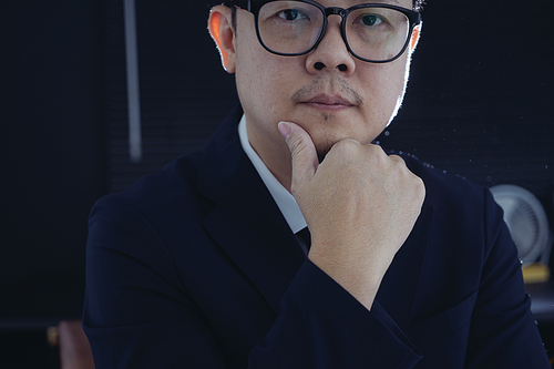 Smart businessman in suit and eyeglasses  . Closeup view .