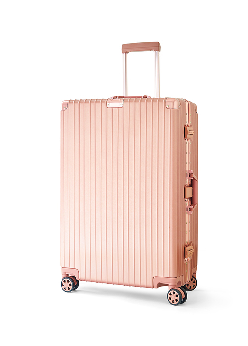 Light gold suitcase or luggage isolated on white .
