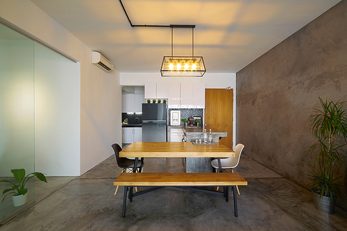 Modern,bright,clean,kitchen interior with wooden dining table in a loft style house , Interior photography.