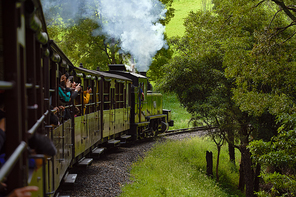 Puffing Billy vintage steam train with passengers in the Dandenong Ranges near Melbourne.