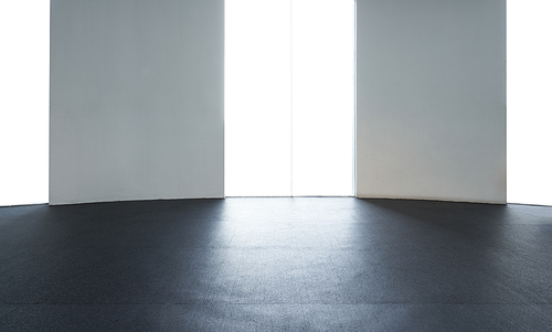 Partition white cement and glass wall with grey rubber coating carpet floor . Empty interior background