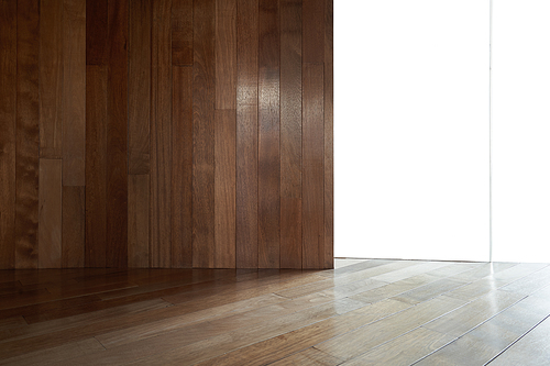 Partition brown wooden and glass wall with floor . Empty interior background
