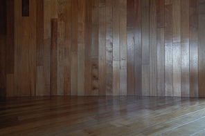 Wooden brown wall with floor . Interior design background .