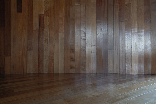 Wooden brown wall with floor . Interior design background .