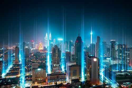 The network light came out from the ground ,modern city with wireless network connection concept , abstract communication technology image visual .