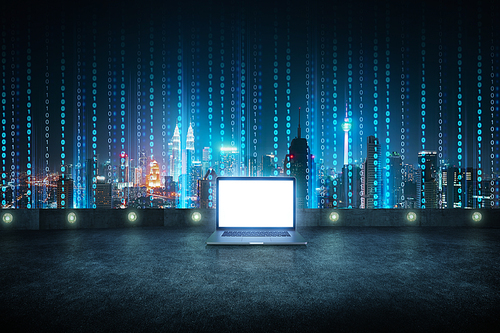 Laptop at roof top with abstract software developer programming binary computer code virtual city skyline .
