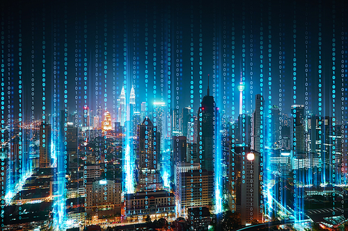 Abstract software developer programming binary computer code with modern city skyline .