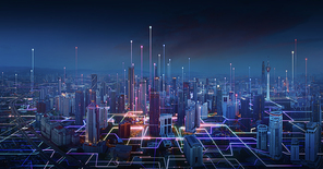 Smart city and abstract line and dot connect with gradient line design , big data connection technology concept .