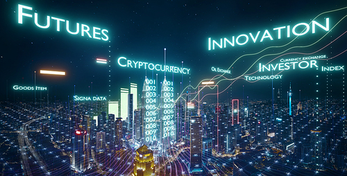 Smart city and financial font icon and business charts. Megapolis city economic and futuristic technology concept.