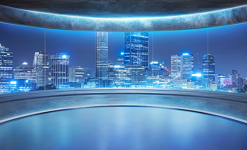 Empty unfurnished futuristic round shape interior design room with modern cityscape view from big glass window .