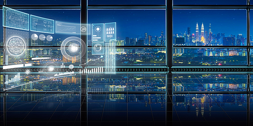 Smart  financial analytics virtual screen with big data ,graph ,connections icon, internet of things at empty and clean office interior with glass windows and city skyline background , night scene .