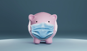 Piggy bank wearing a protective hygiene mask on blue background. Concept for saving, insurance, healthcare or financial economic crisis concept in time of coronavirus pandemic.