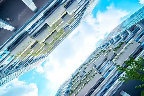 Low angle perspective view of modern office building with green eco concept balcony .