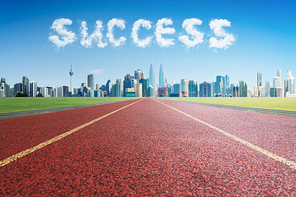 Concept of follow the right way to success road with modern cityscape