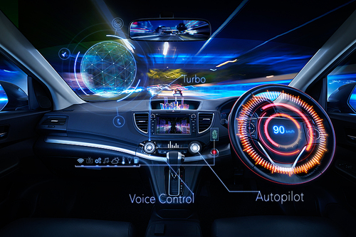 Car interior with Self driving , Auto pilot and internet of thin futuristic icon illustration . Autonomous car system technology concept .