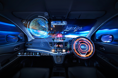 Car interior with Self driving , Auto pilot and internet of thin  futuristic  icon illustration . Autonomous car system technology concept .