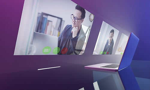 Floating screen laptop flat design, online video conference meeting and business smart working concept . Mixed media .