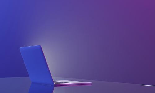 Laptop side view with screen lighting glow, copy space on beautiful background .3d rendering.