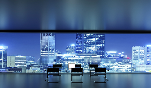 Night modern conference meeting room with furniture, laptops, panoramic windows and city view . 3d rendering and mixed media .