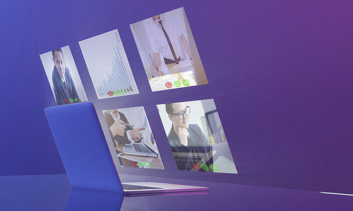 Floating screen laptop flat design, online video conference meeting and business smart working concept .Mixed media .