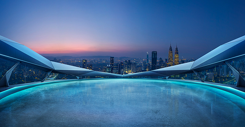Panoramic view of futuristic geometric shapes design empty floor with city skyline . Night scene .